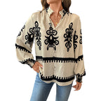 Stand Collar Retro Ethnic Print Long Sleeve Shirt