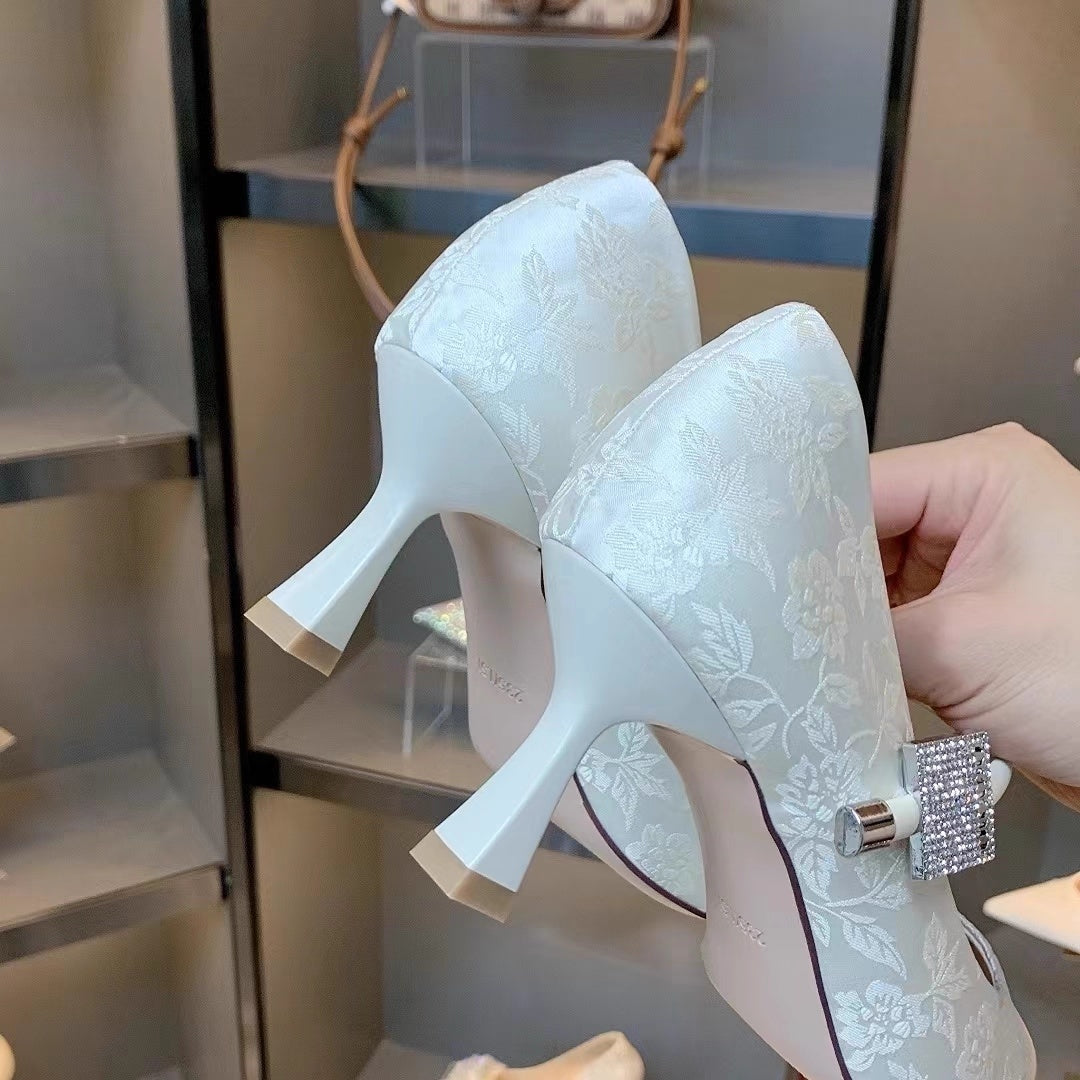 Pointed Toe Chinese Style Embroidery Low-cut High Heels Women's Stiletto Heel