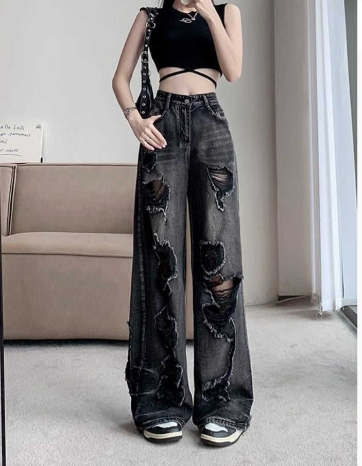 Retro Tattered Jeans High Waist Straight-leg Shorts