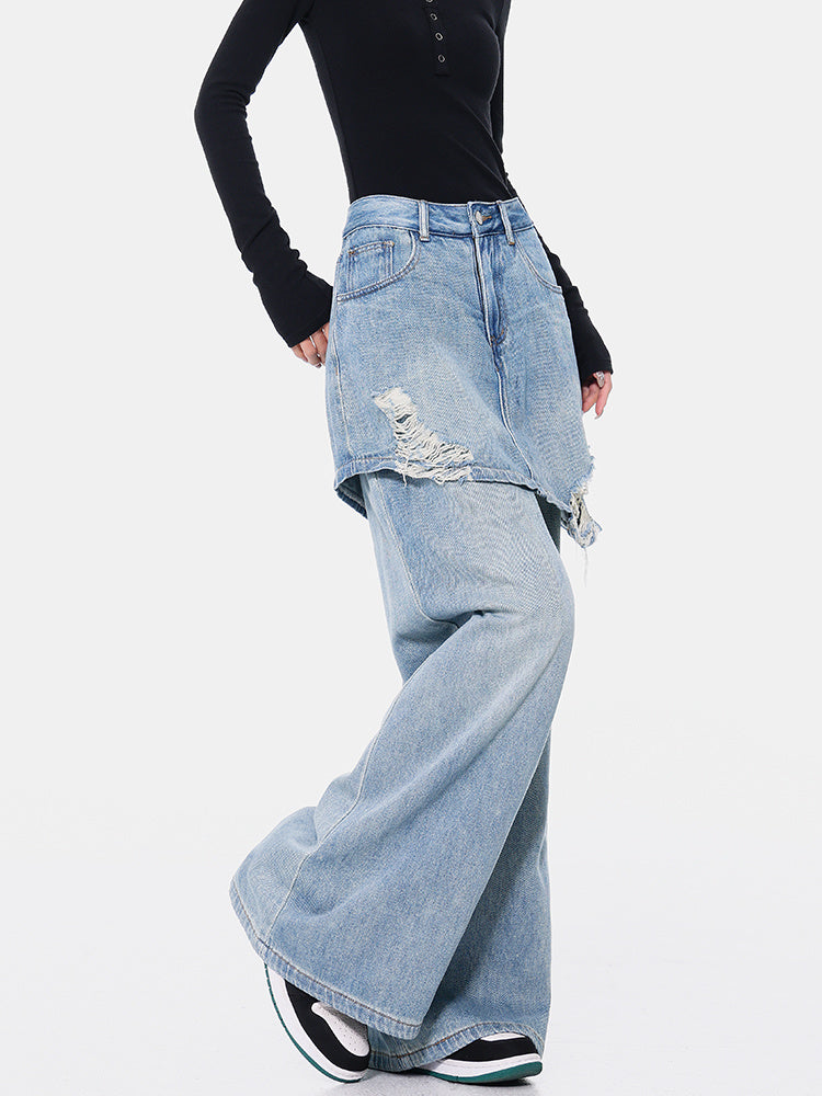 Vintage Blue Washed Fake Two-piece Jeans For Women Ripped Straight Pants