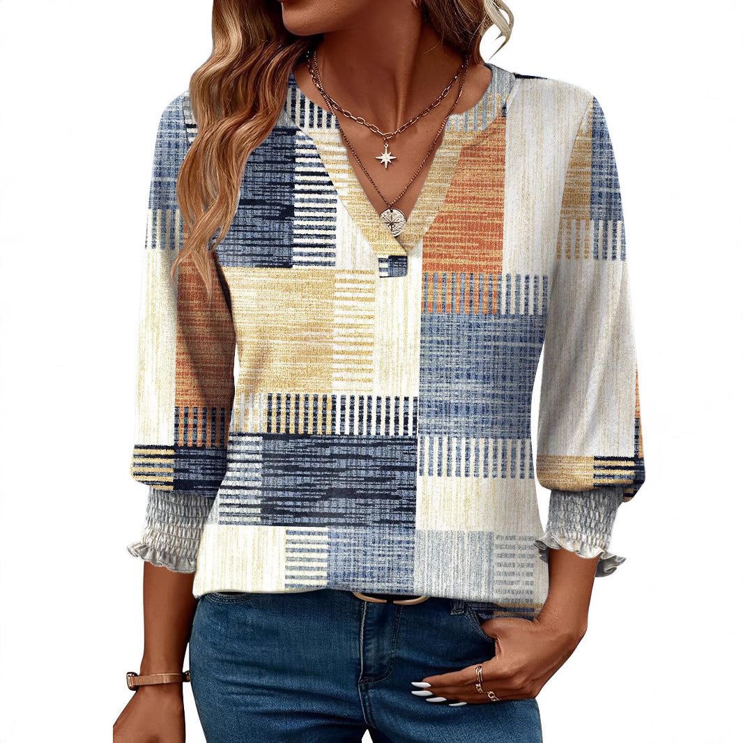 Fashion Tops Three-quarter Sleeve Flower Print Casual Shirt