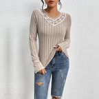 Women's Slim-fit T-shirt Lace V-neck Patchwork Texture Sunken Stripe Knitted Top