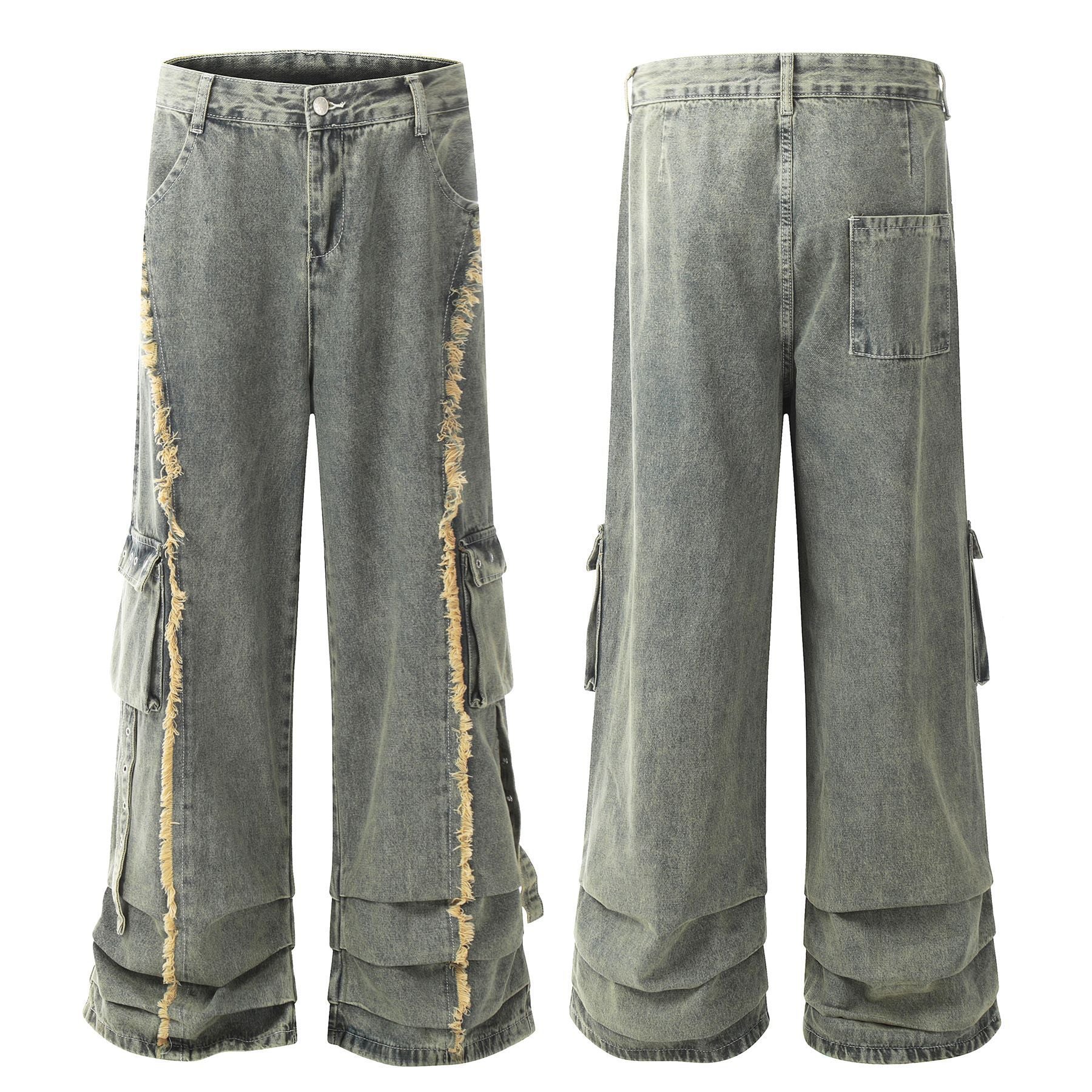 Retro Design Worn Looking Washed-out Burr Cargo Jeans Men