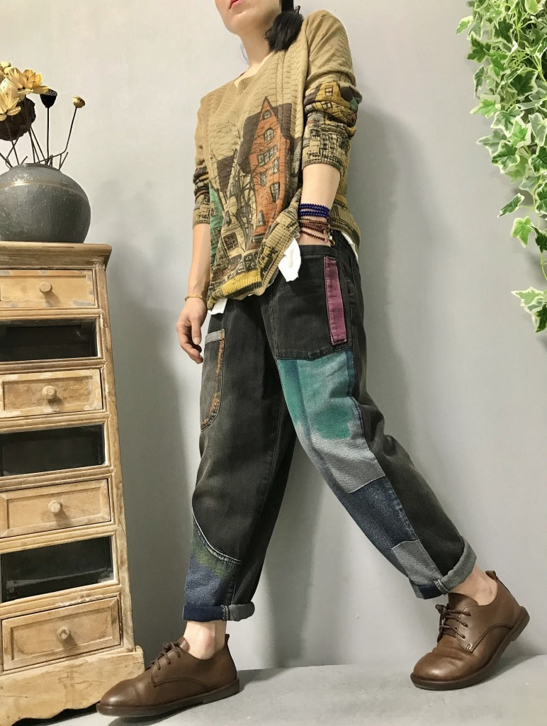 Retro Literary Ethnic Style Painted Ladies Jeans