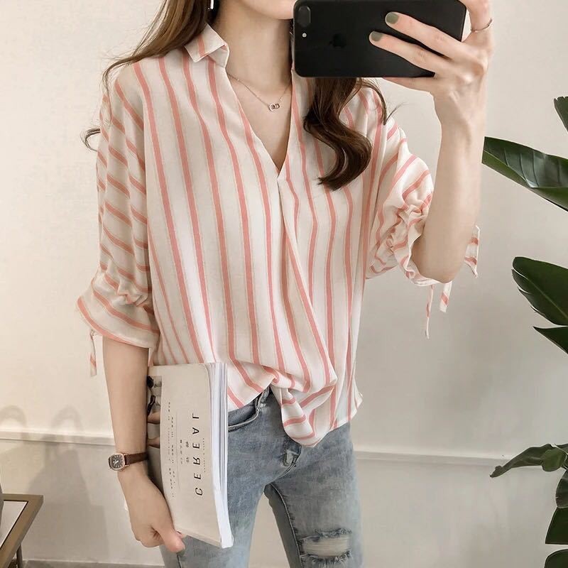 Lace-up Three-quarter Sleeve Striped Shirt For Women