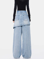 Vintage Blue Washed Fake Two-piece Jeans For Women Ripped Straight Pants