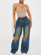 Retro Heavy-duty Washed Knee Ripped Wide-legged Jeans