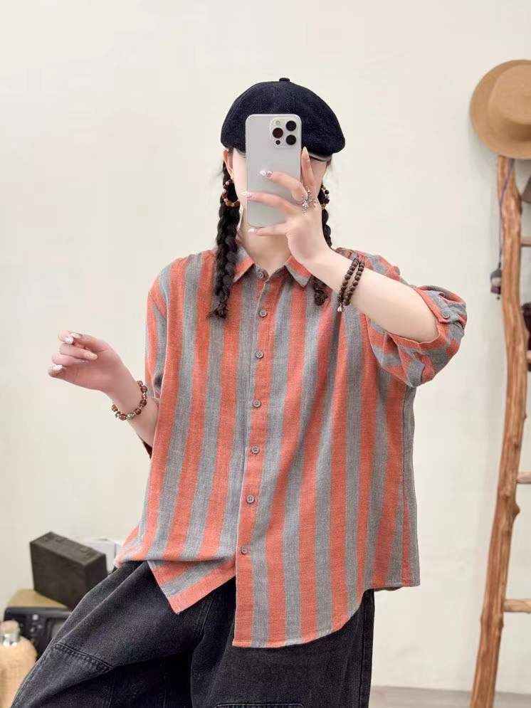 Wide Striped Printed Double-layer Yarn Loose Women's Cardigan Short Sleeve Shirt