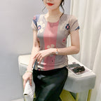 Stitching Contrast Color Flower Half-sleeve Slim Fit High Elasticity Undershirt
