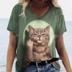 Women's Summer Cat Print Casual Short Sleeve Round Shirt Loose Clothing