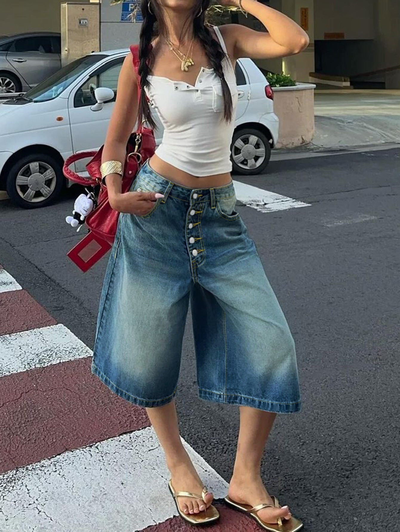 Multi-breasted Denim Shorts