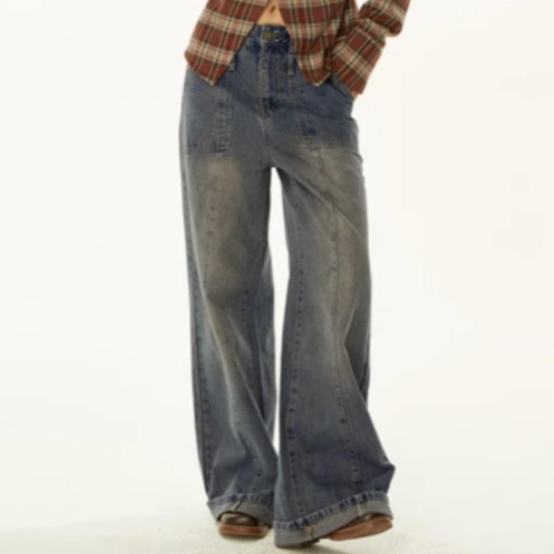 Thin Gradient Vintage Jeans Women Loose Wide-leg Straight Pants